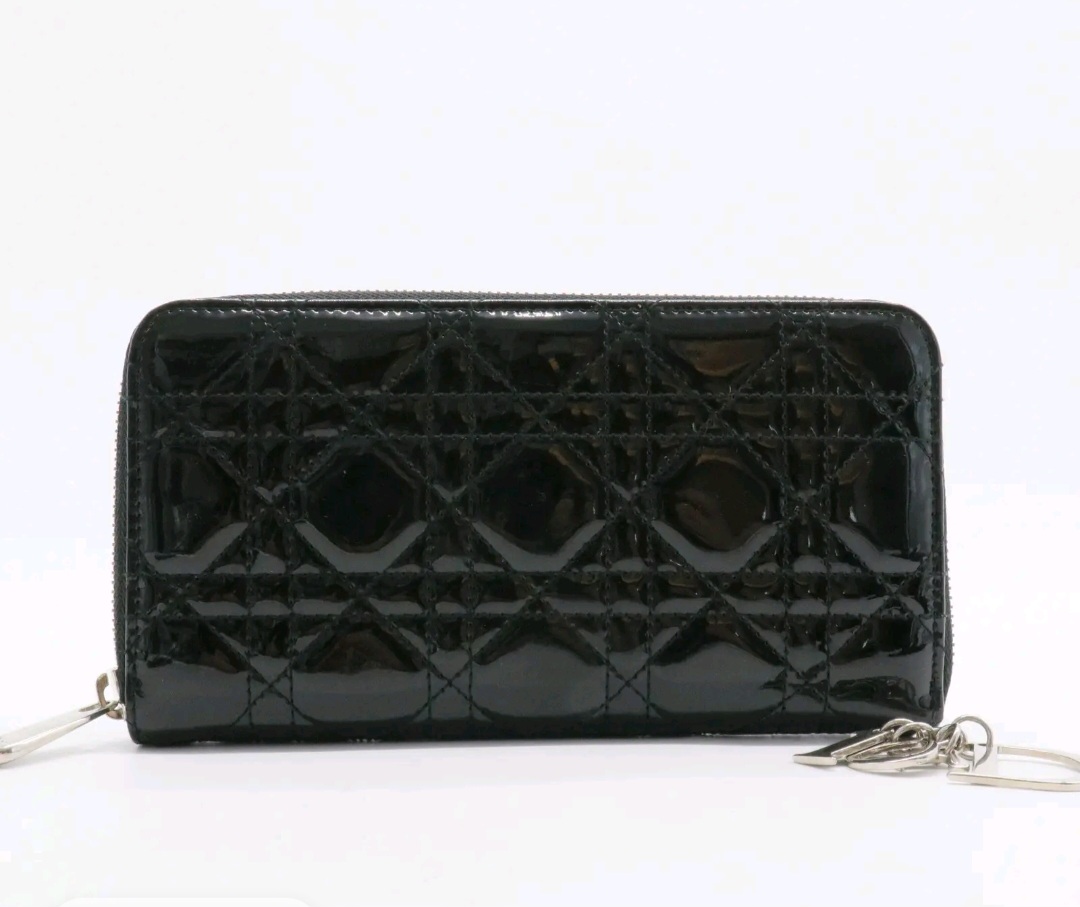 Christian Dior Black Patent Cannage Lady Dior Zip-Around Continental Wallet