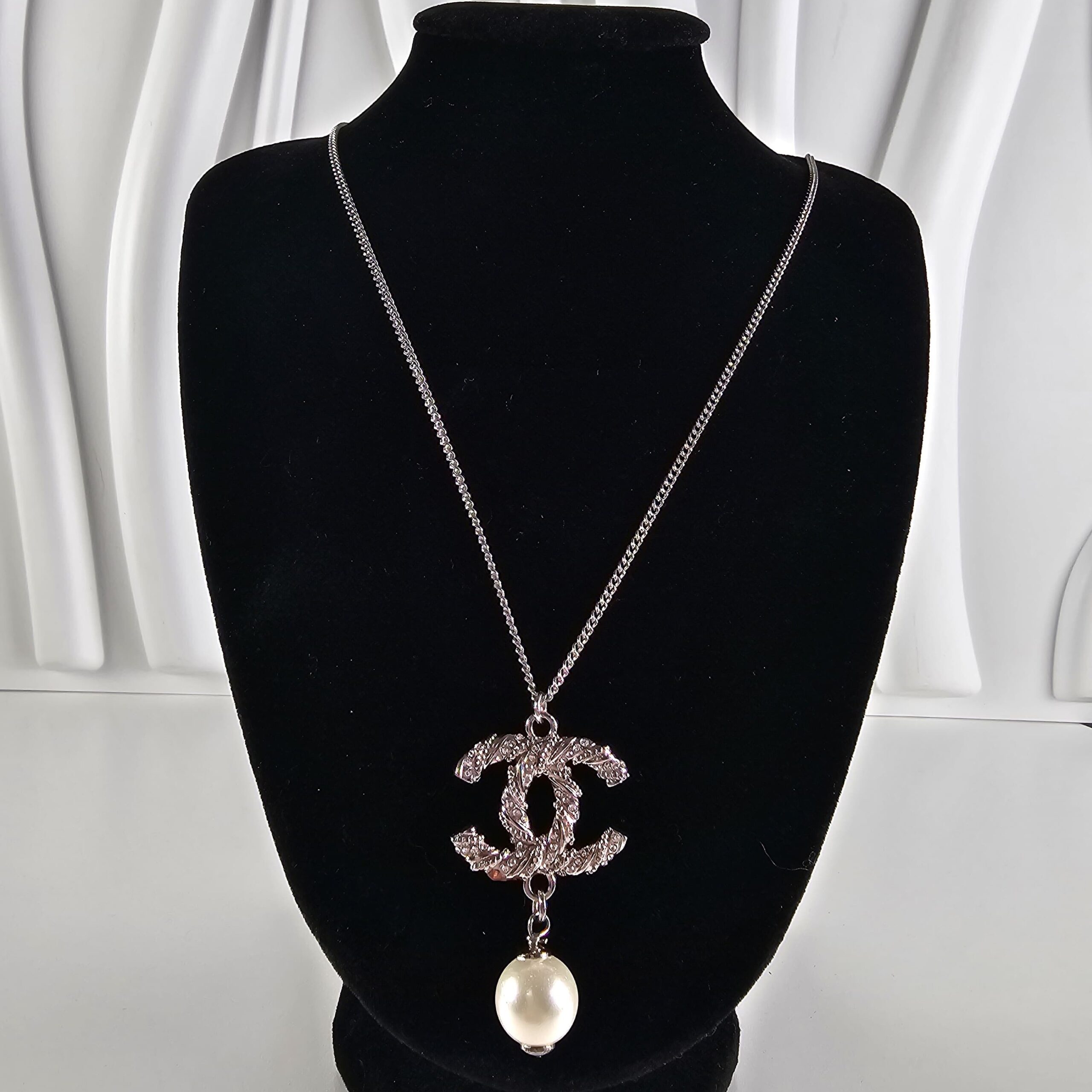 Chanel CC Logo Crystal Pendant Necklace with Faux Pearl Drop 925 Sterling Silver