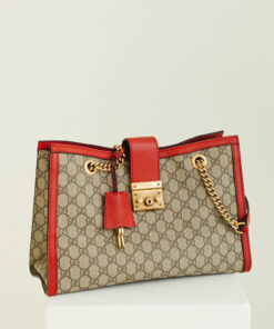Gucci GG Supreme Padlock Medium Tote Bag Coated Beige Coated Canvas With Red Leather Trim
