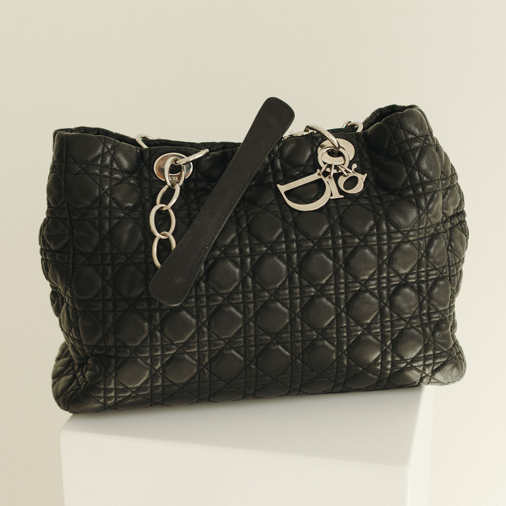 Christian Dior Soft Cannage Quilted Lambskin Leather Chain Shopping Tote in Black
