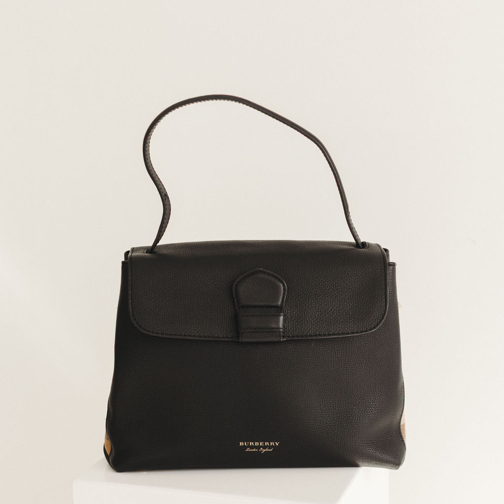 Burberry Derby Calfskin House Check Medium Camberley Tote Bag in Black Leather