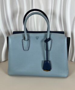 MCM Milla Medium Top Handle Tote Light Sky Blue/Mint and Black Accent