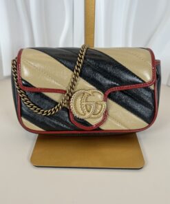 Gucci GG Marmont Super Mini Torchon Matelassé Diagonal Striped Bag in Black and Beige