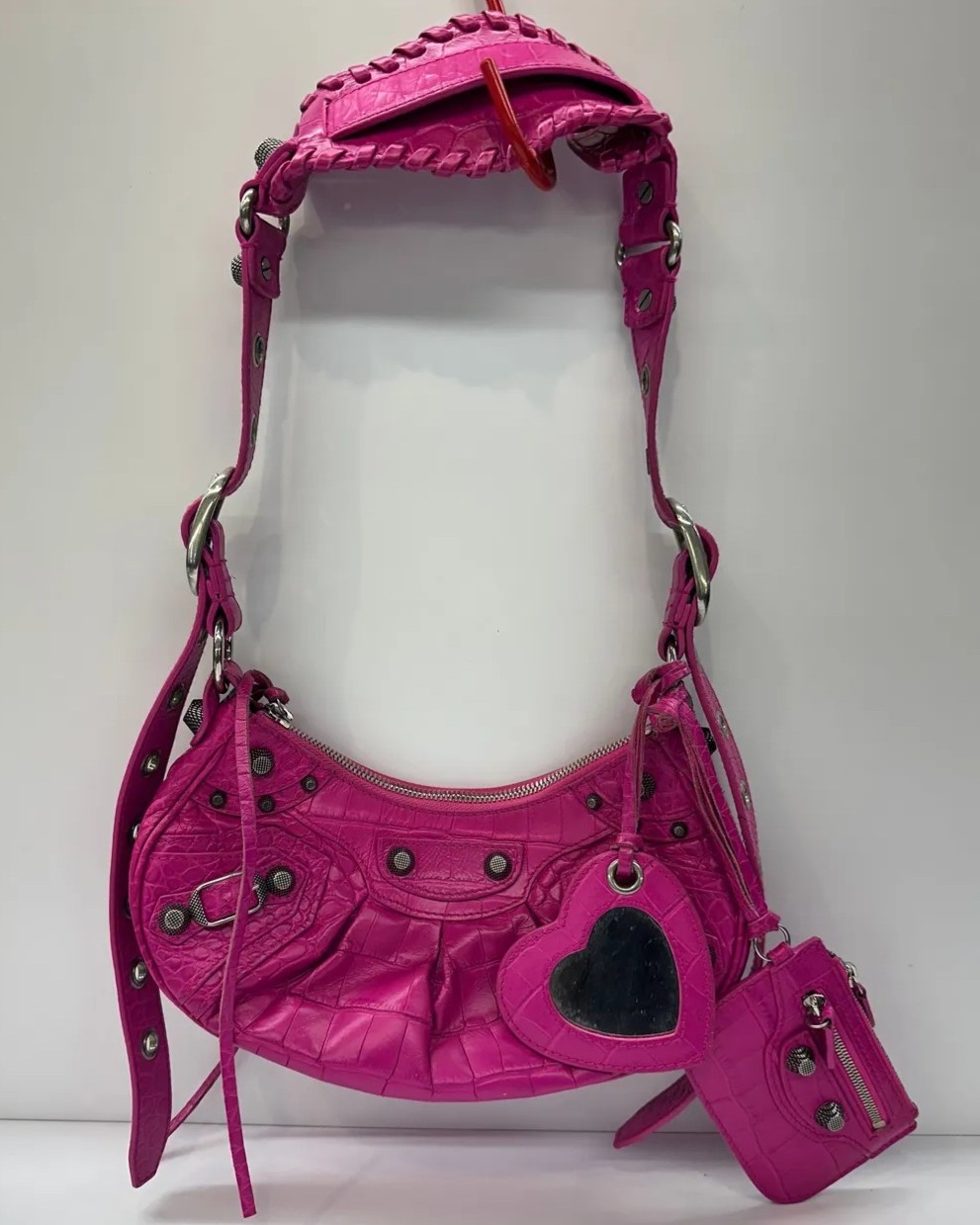 Balenciaga Le Cagole XS Shoulder Bag in Pink Crocodile-Embossed Leather