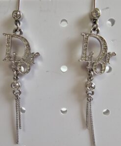Christian Dior Silver-Tone Crystal D Logo Drop Earrings with Chain Tassels