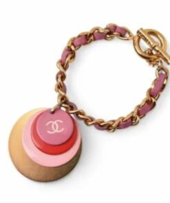 CHANEL Vintage Gold & Pink Leather Multi-Disc Charm Bracelet