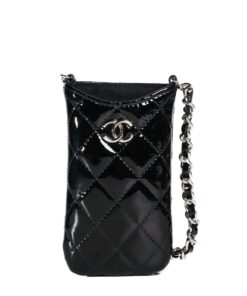 Chanel Black Quilted Patent Leather CC Chain Phone Holder