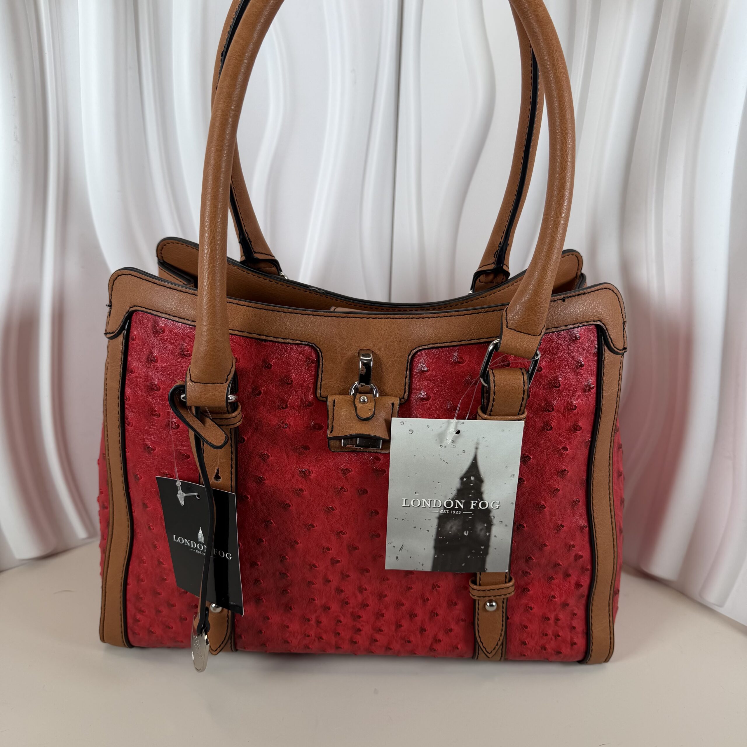 London Fog Red Ostrich Faux Leather Satchel Handbag (NWT)