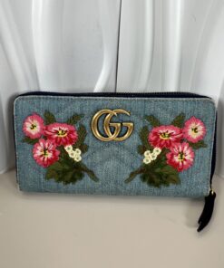 Gucci Denim Matelassé Floral Embroidered GG Marmont Zip Around Long Wallet - Limited Edition