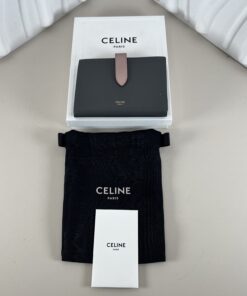 Celine Medium Strap Bifold Wallet in Bicolor Grained Calfskin (Grey/Vintage Pink)