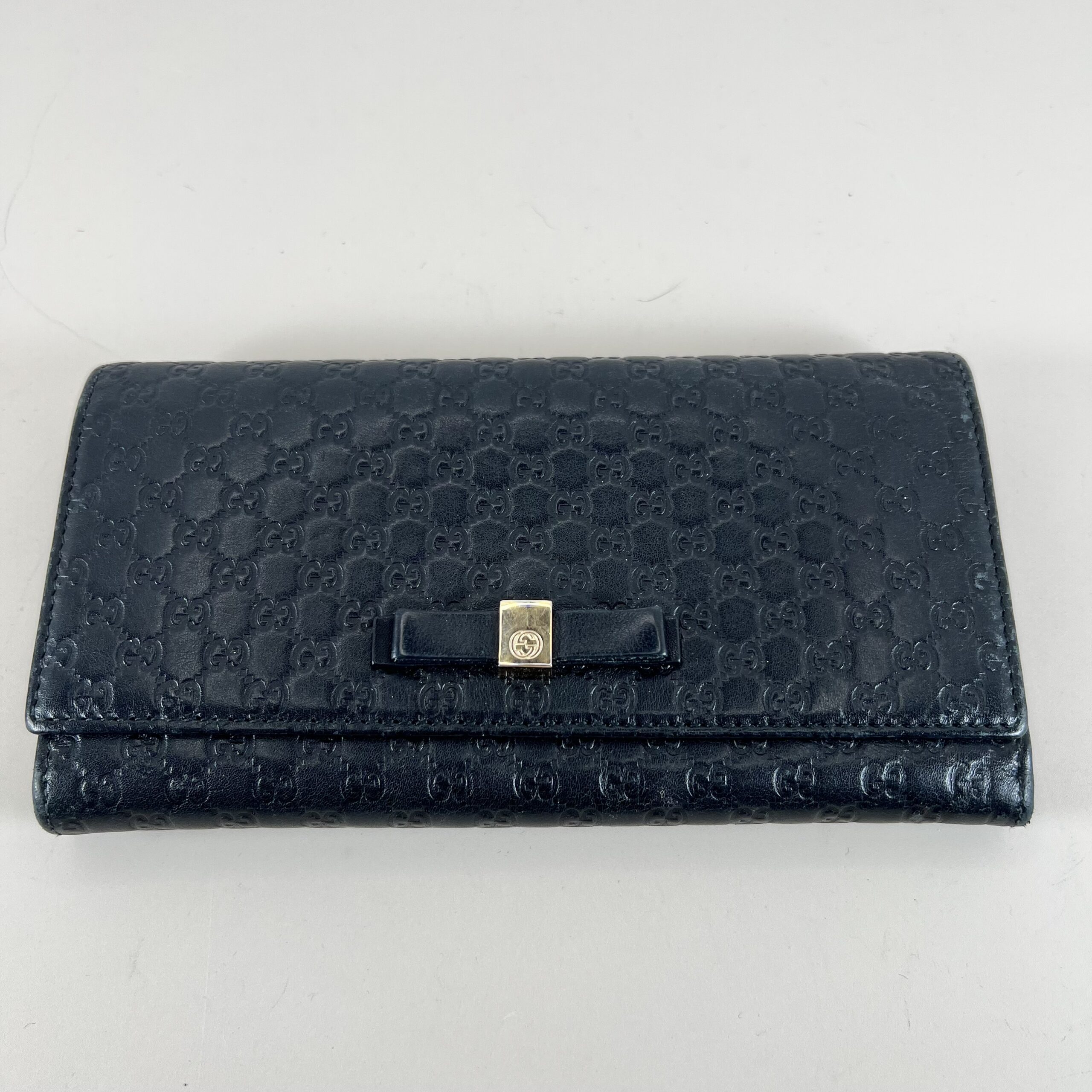 Gucci Black Guccissima Leather Bow Flap Continental Wallet