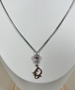 Christian Dior 'D' Logo Necklace with Pink Stone & Crystal Accents