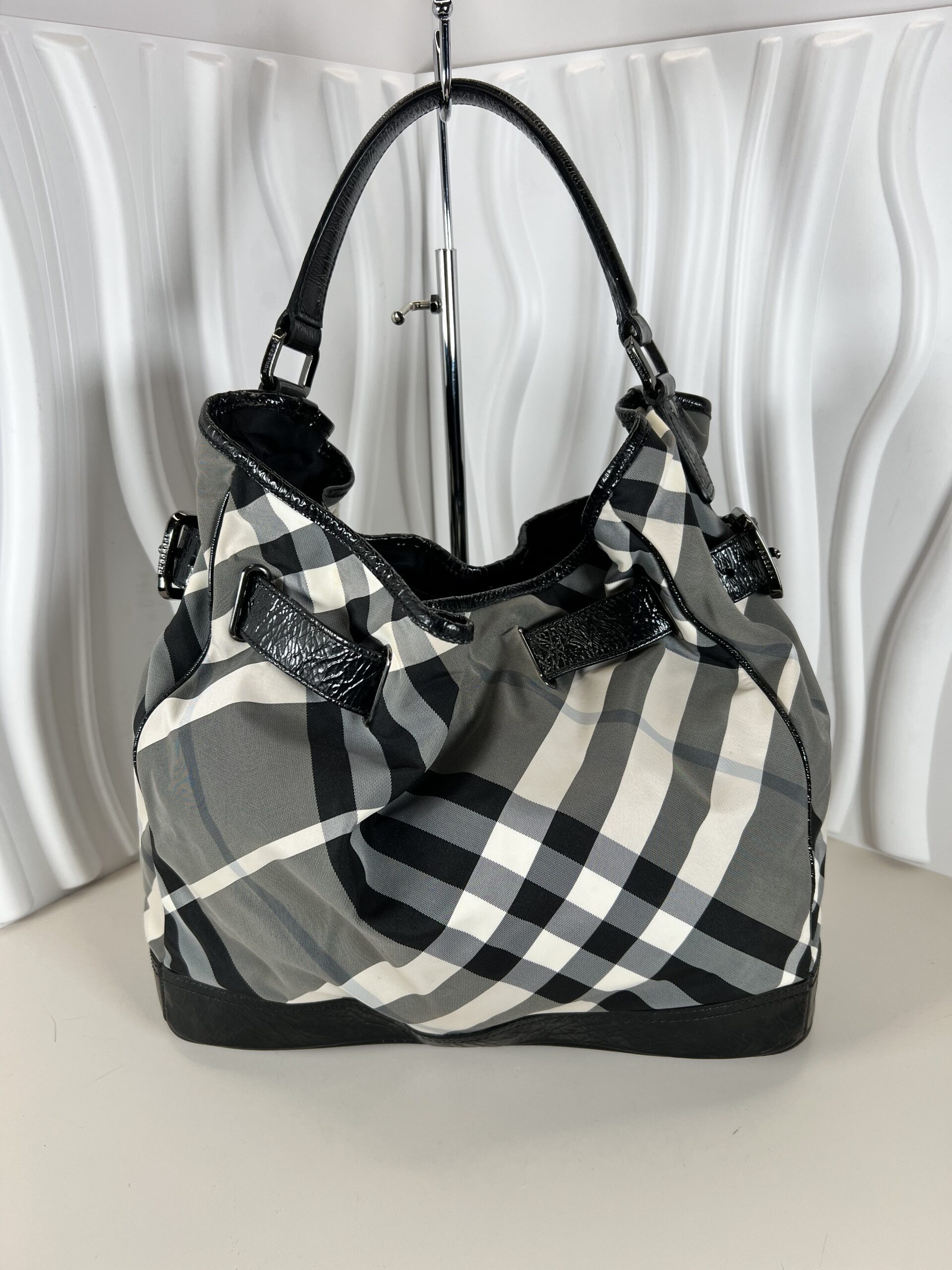 Burberry Nova Check Nylon Hobo Bag with Leather Trim COA included