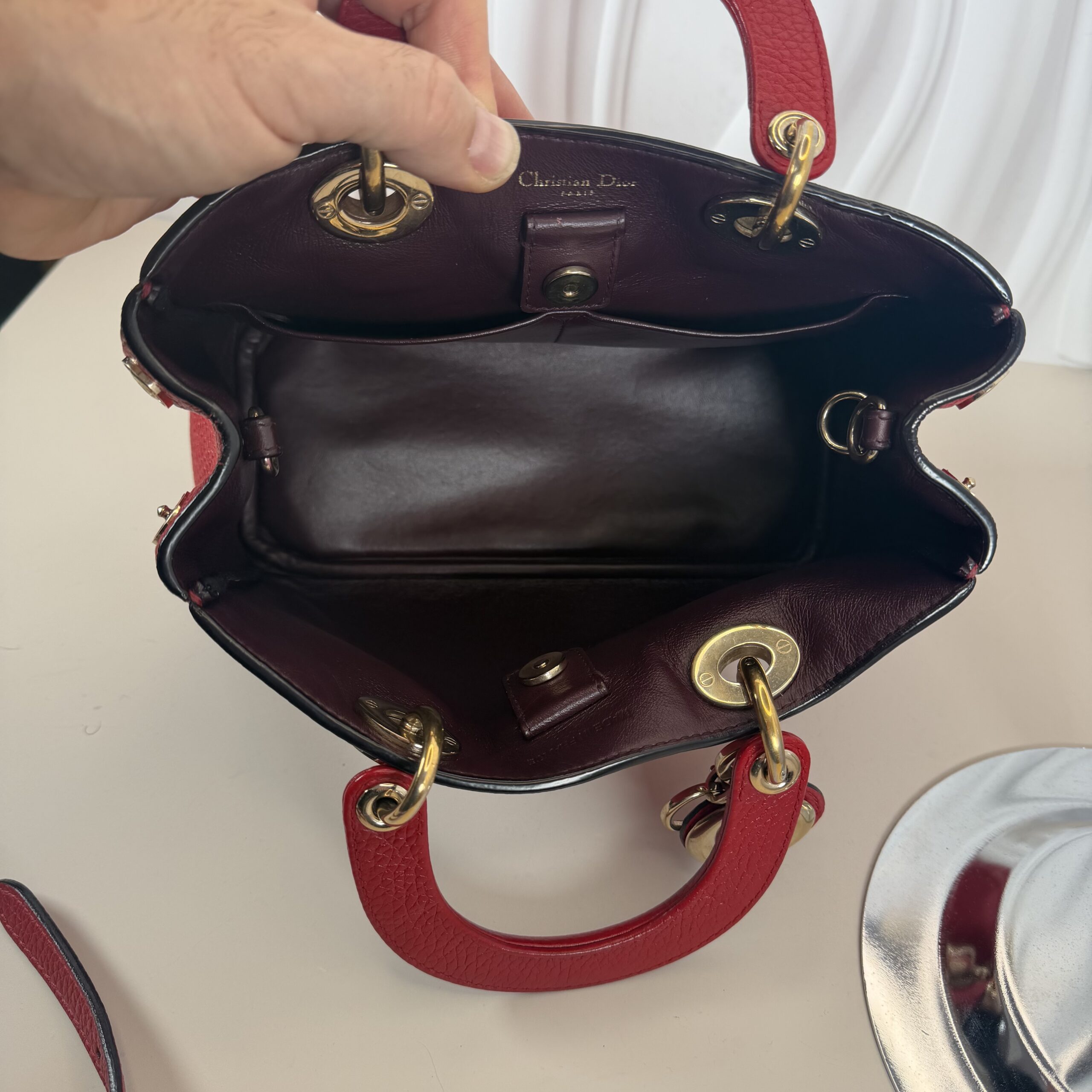 Christian Dior Mini Diorissimo Tote in Red Grained Leather - Image 5