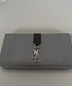 Saint Laurent Grey Leather Long Zip Wallet with Silver-Tone YSL Logo