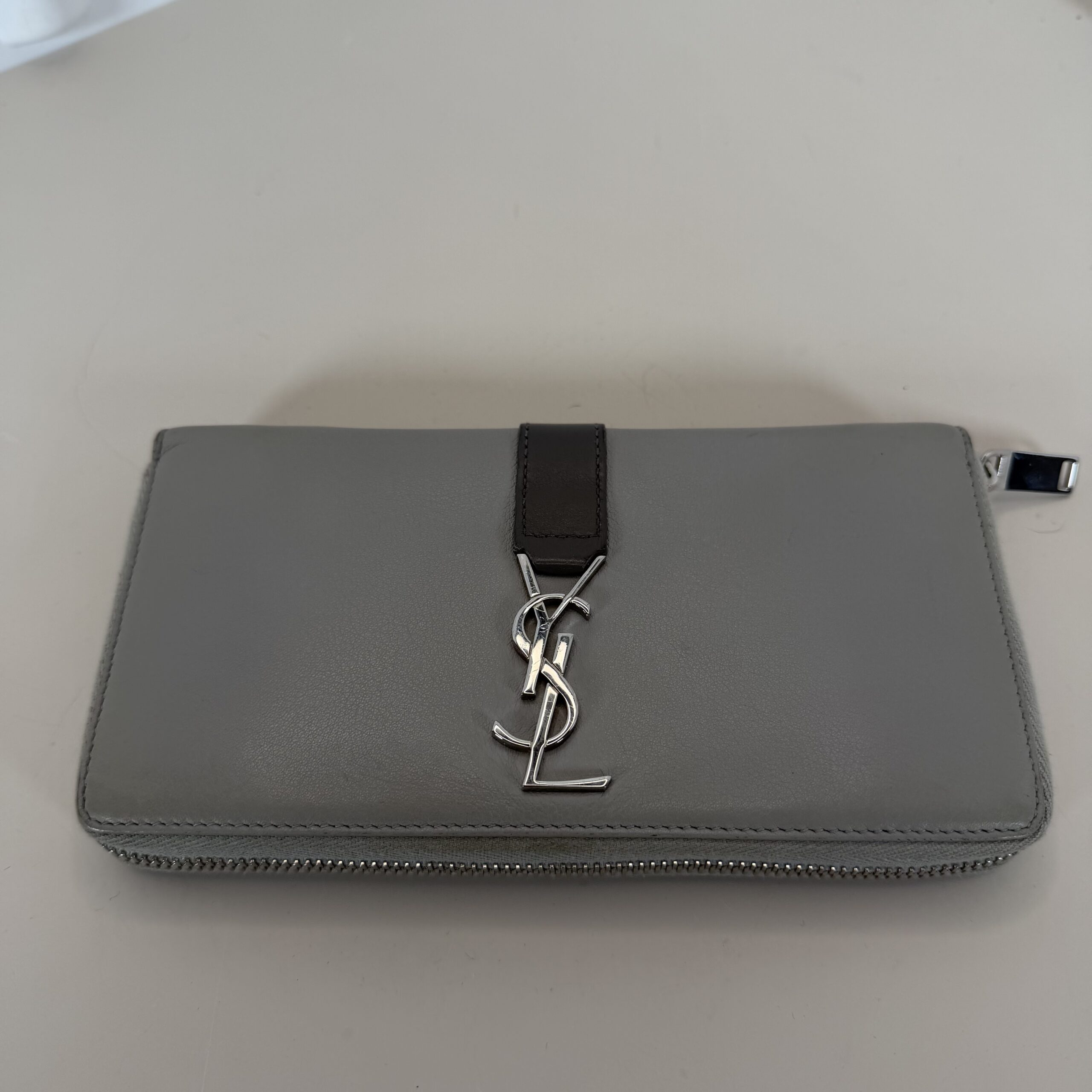 Saint Laurent Grey Leather Long Zip Wallet with Silver-Tone YSL Logo