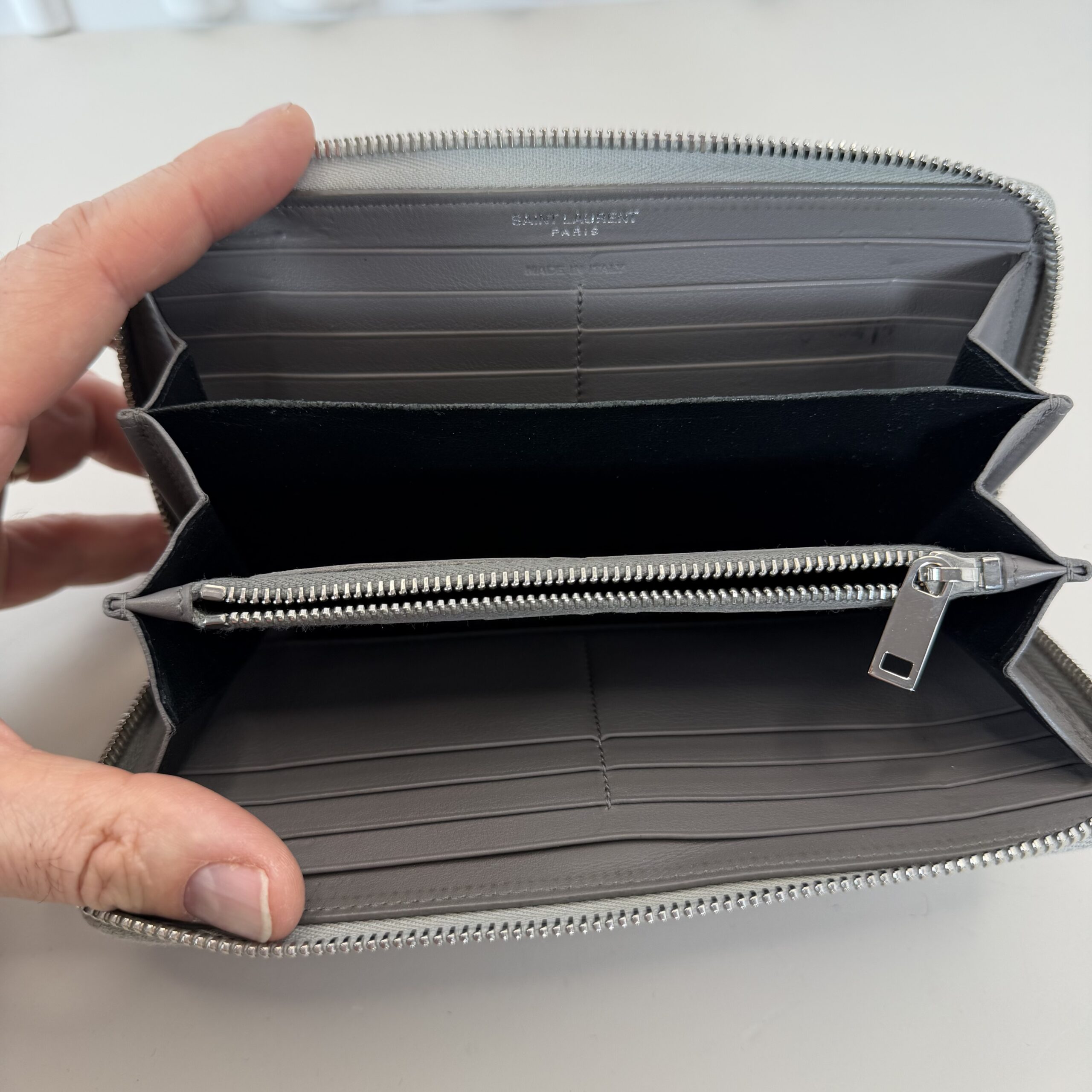 Saint Laurent Grey Leather Long Zip Wallet with Silver-Tone YSL Logo - Image 2