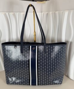 Tory Burch Gemini Link Coated Canvas Tote Bag (Navy Blue/Black & White)