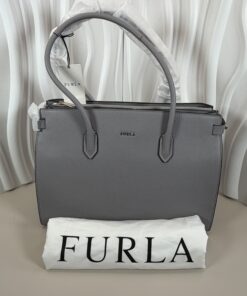 FURLA Pin M Tote Bag in Chic Gray Pebbled Leather with Removable Strap