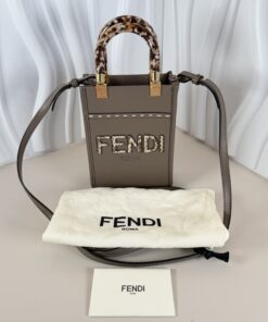 Alternative view of Fendi Mini Sunshine Shopper Tote Bag in Taupe/Grey Leather with Tortoiseshell Handles