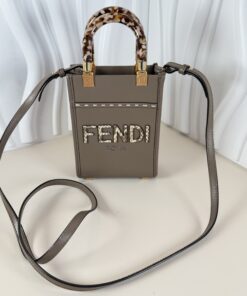 Fendi Mini Sunshine Shopper Tote Bag in Taupe/Grey Leather with Tortoiseshell Handles