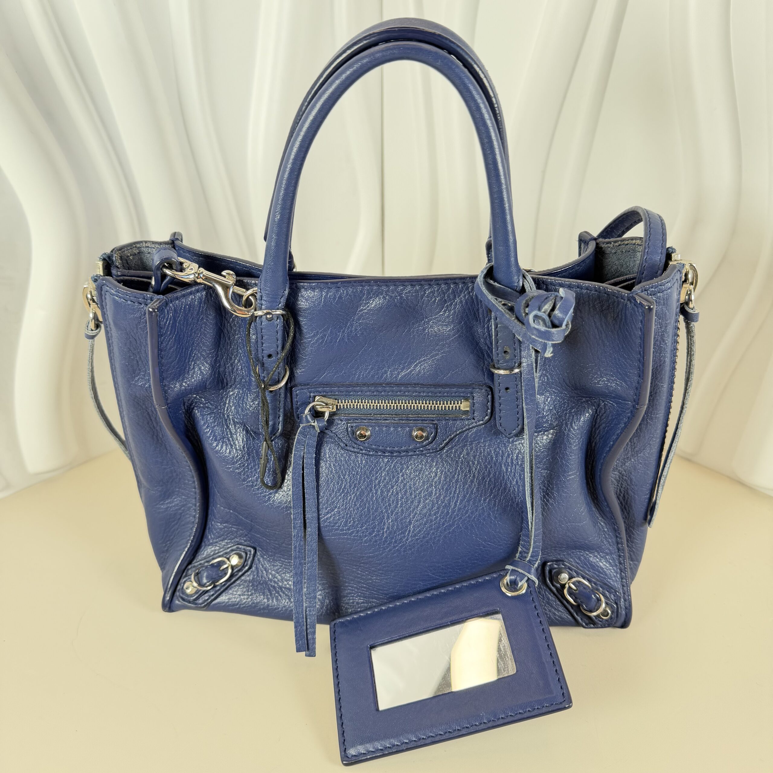 Balenciaga Navy Blue Leather Mini Papier A4 Tote