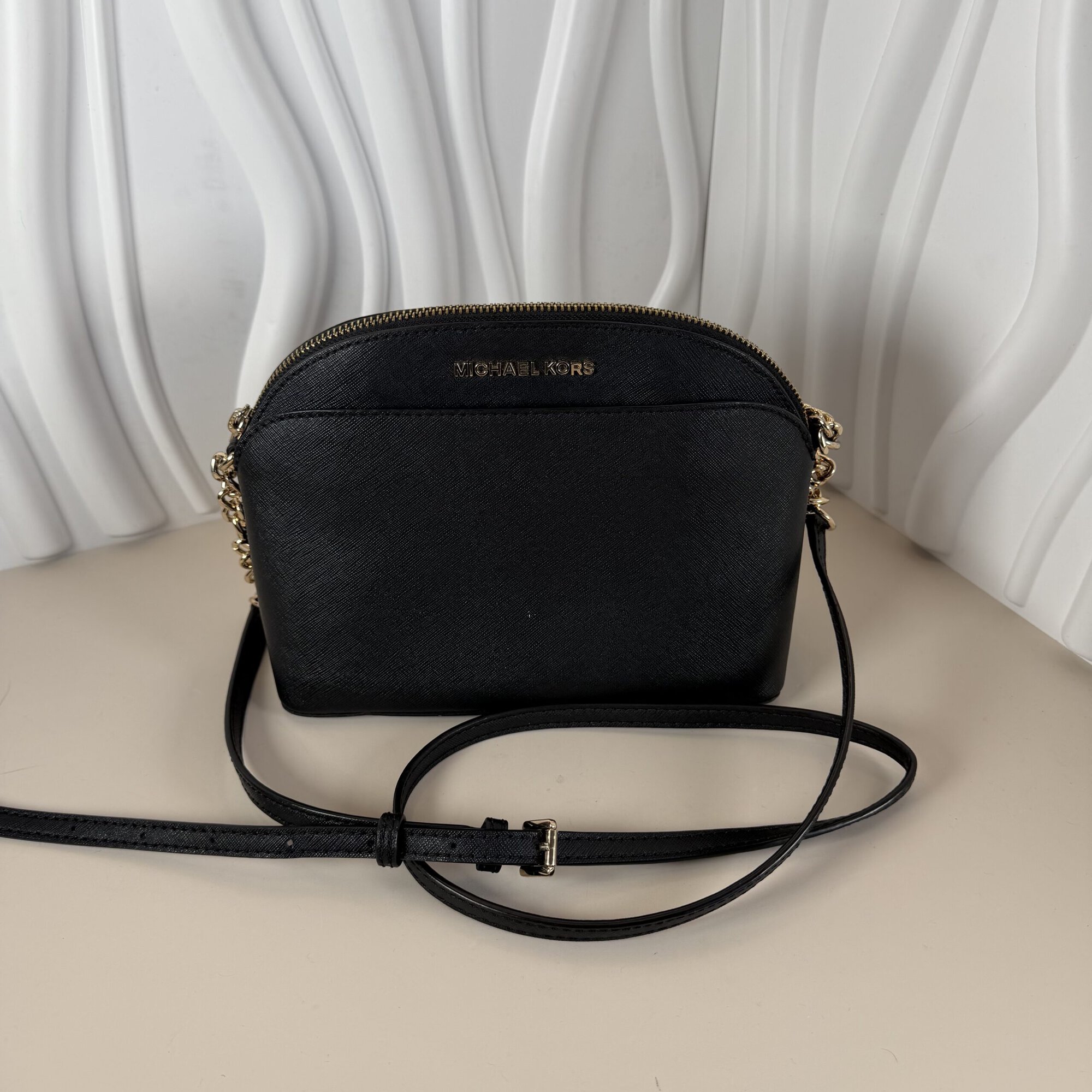 Michael Kors Black Leather Medium Dome Crossbody Bag, Gold-tone Hardware