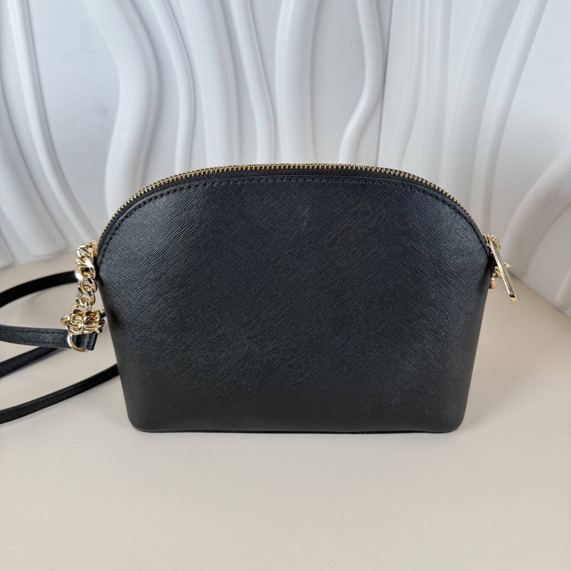 Michael Kors Black Leather Medium Dome Crossbody Bag, Gold-tone Hardware - Image 3