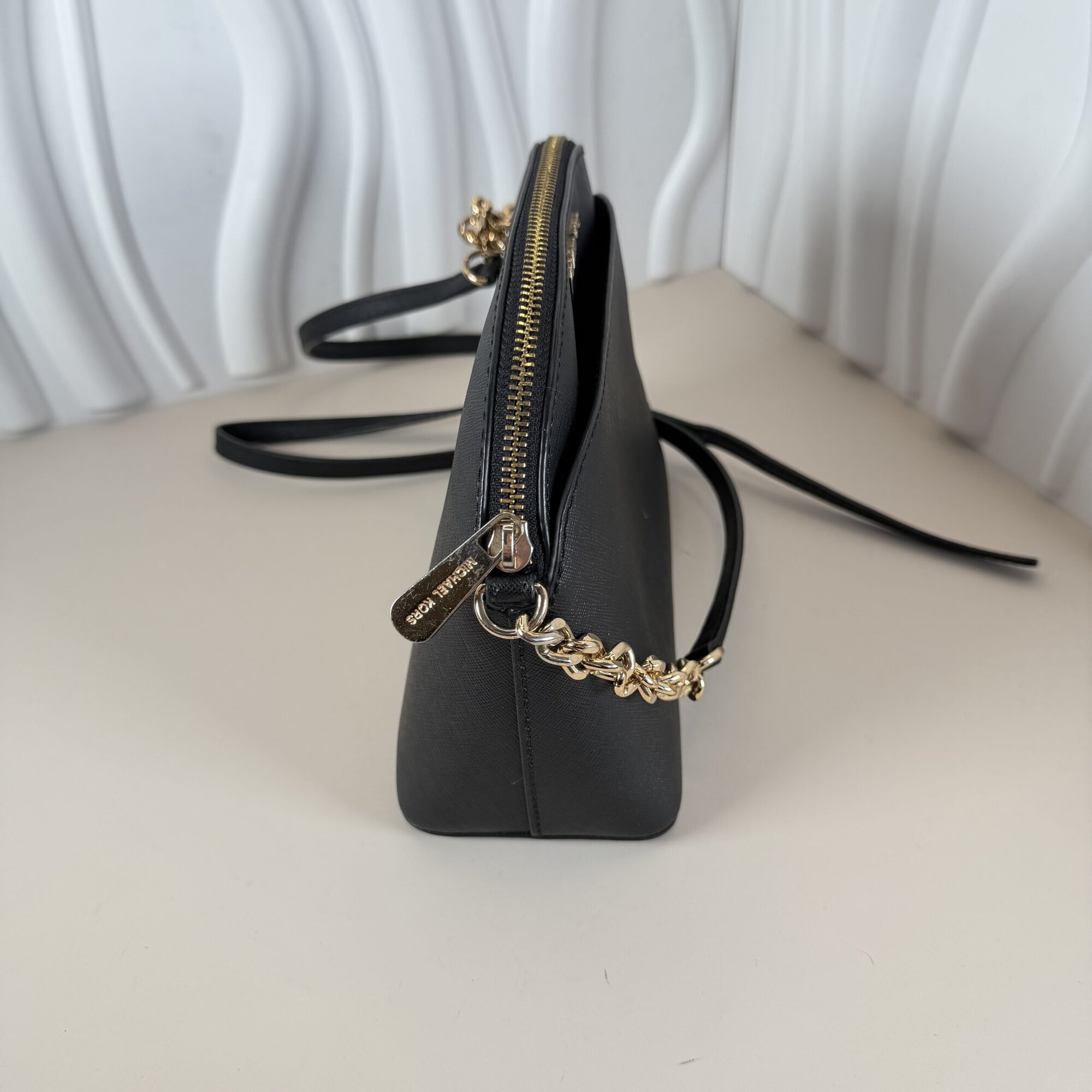 Michael Kors Black Leather Medium Dome Crossbody Bag, Gold-tone Hardware - Image 4