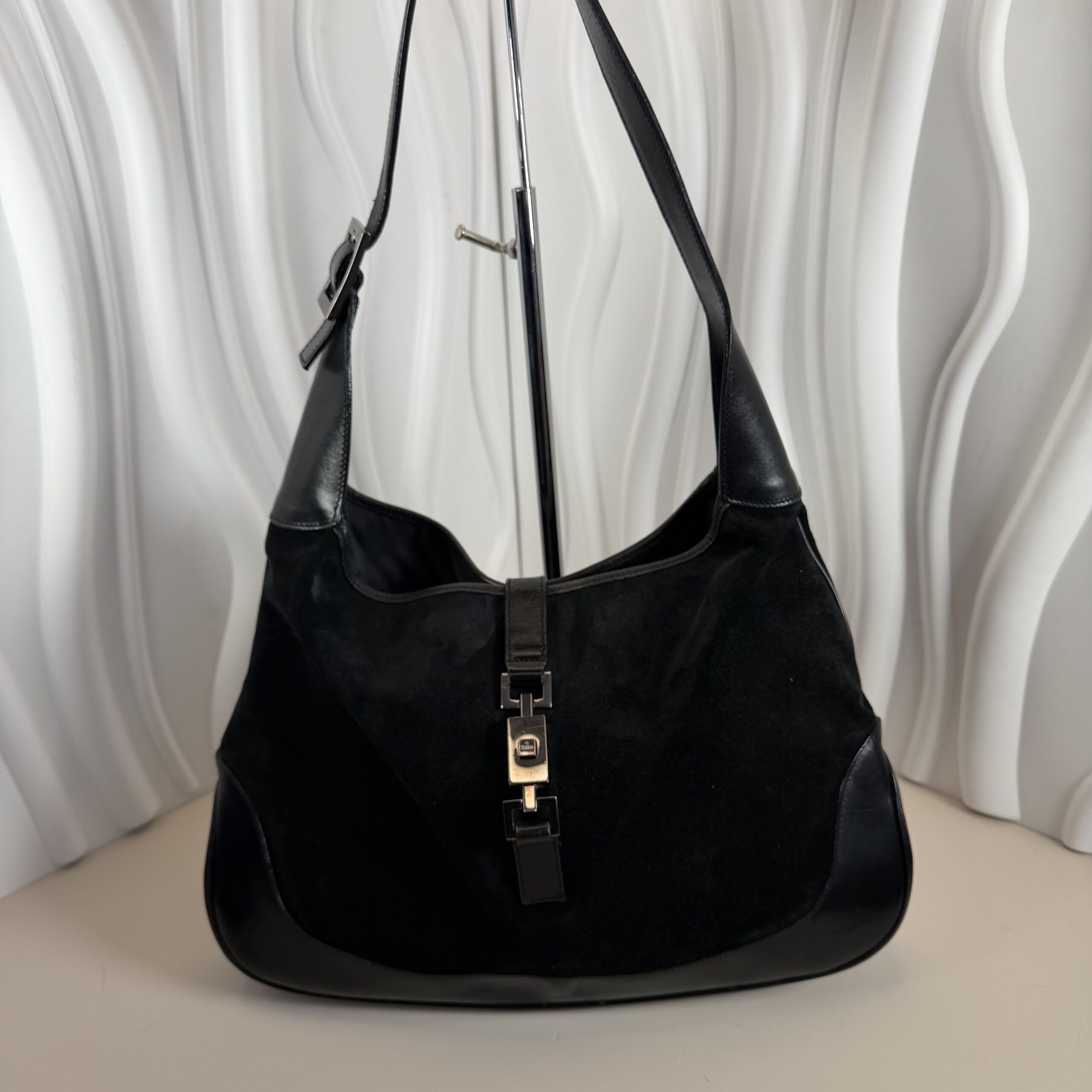 GUCCI Black Suede & Leather Jackie Shoulder Hobo Bag w/ Silver-Tone Hardware