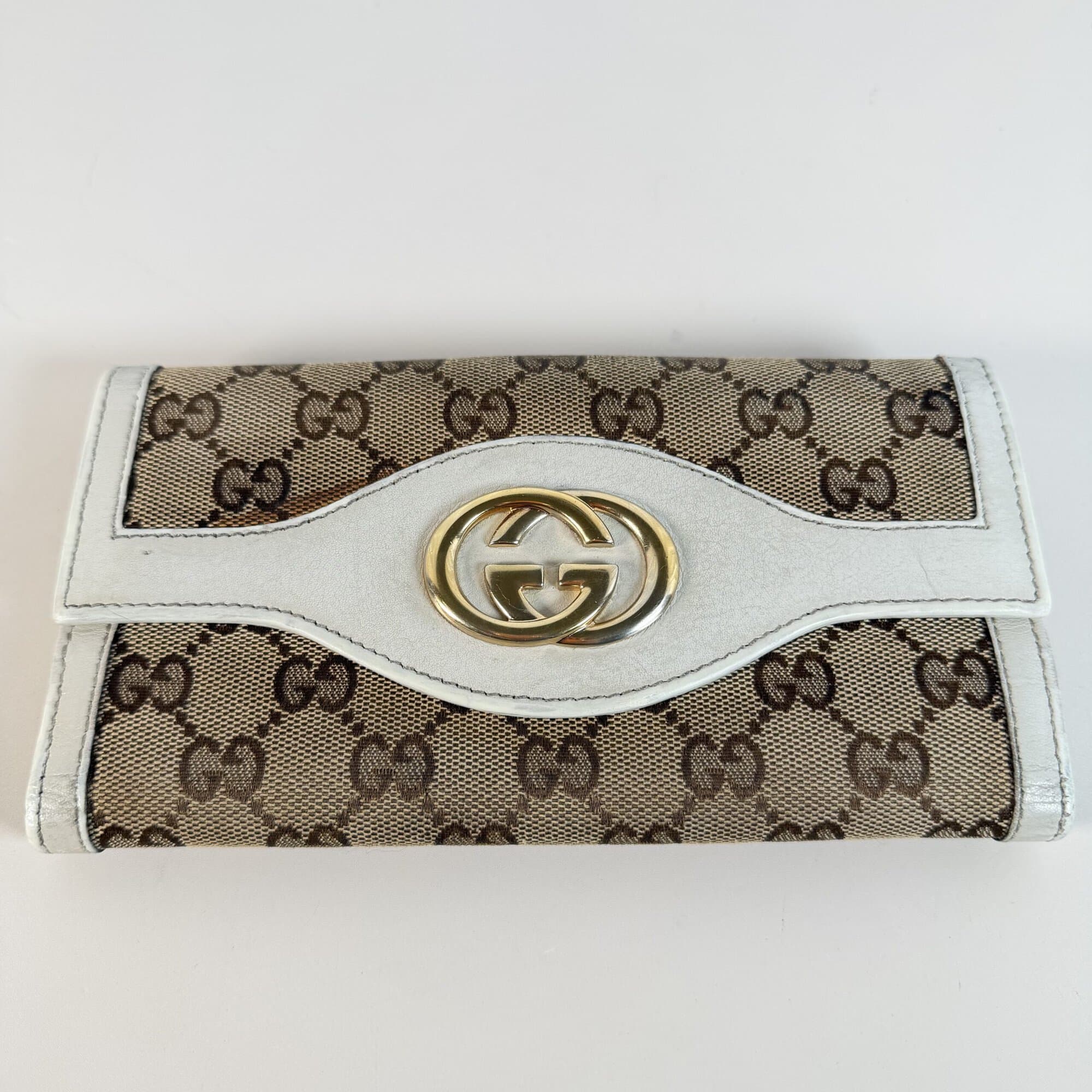 Gucci GG Canvas & White Leather Long Wallet with Interlocking G