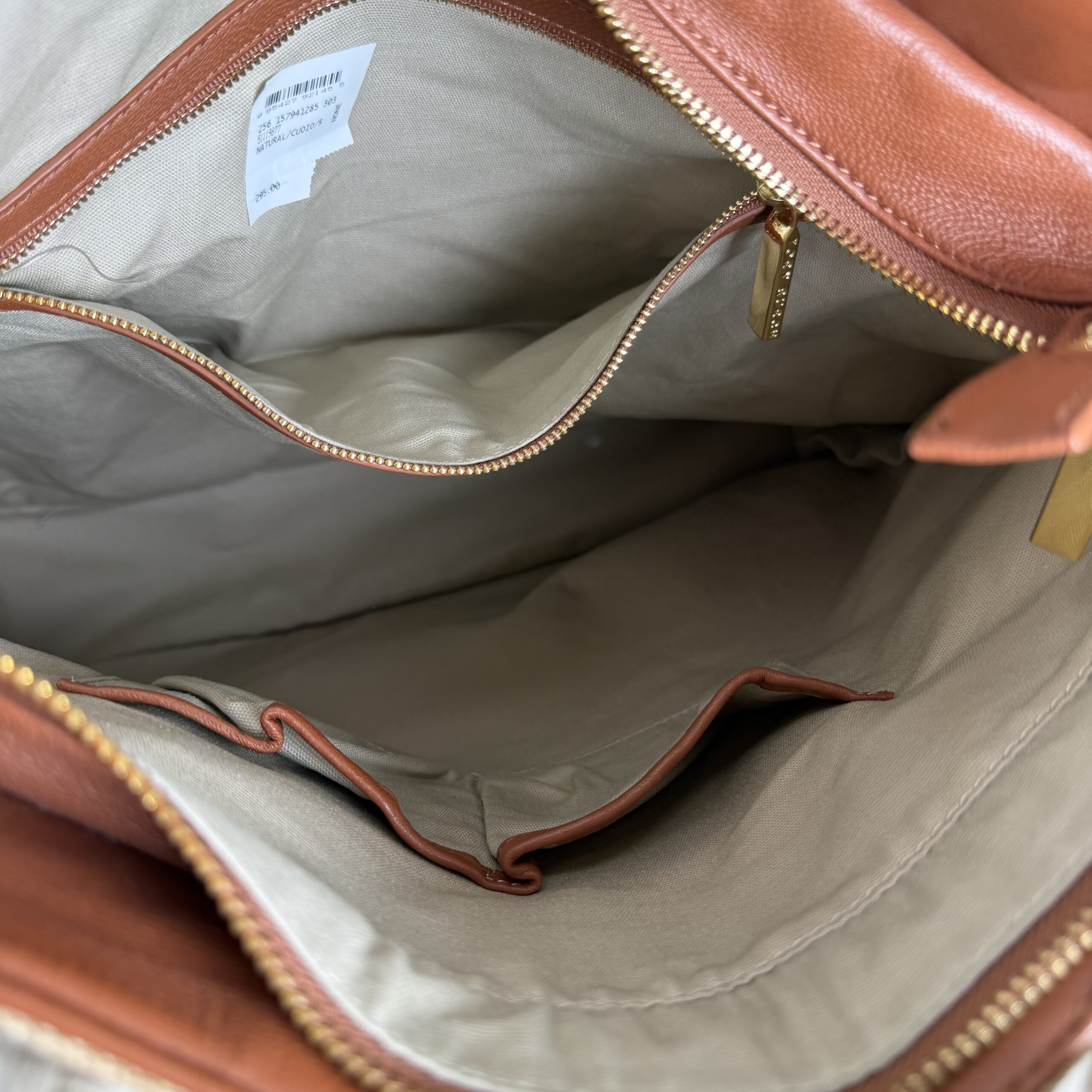 Tory Burch Burlap Leather Trim Large Shopper Tote Bag - Image 3