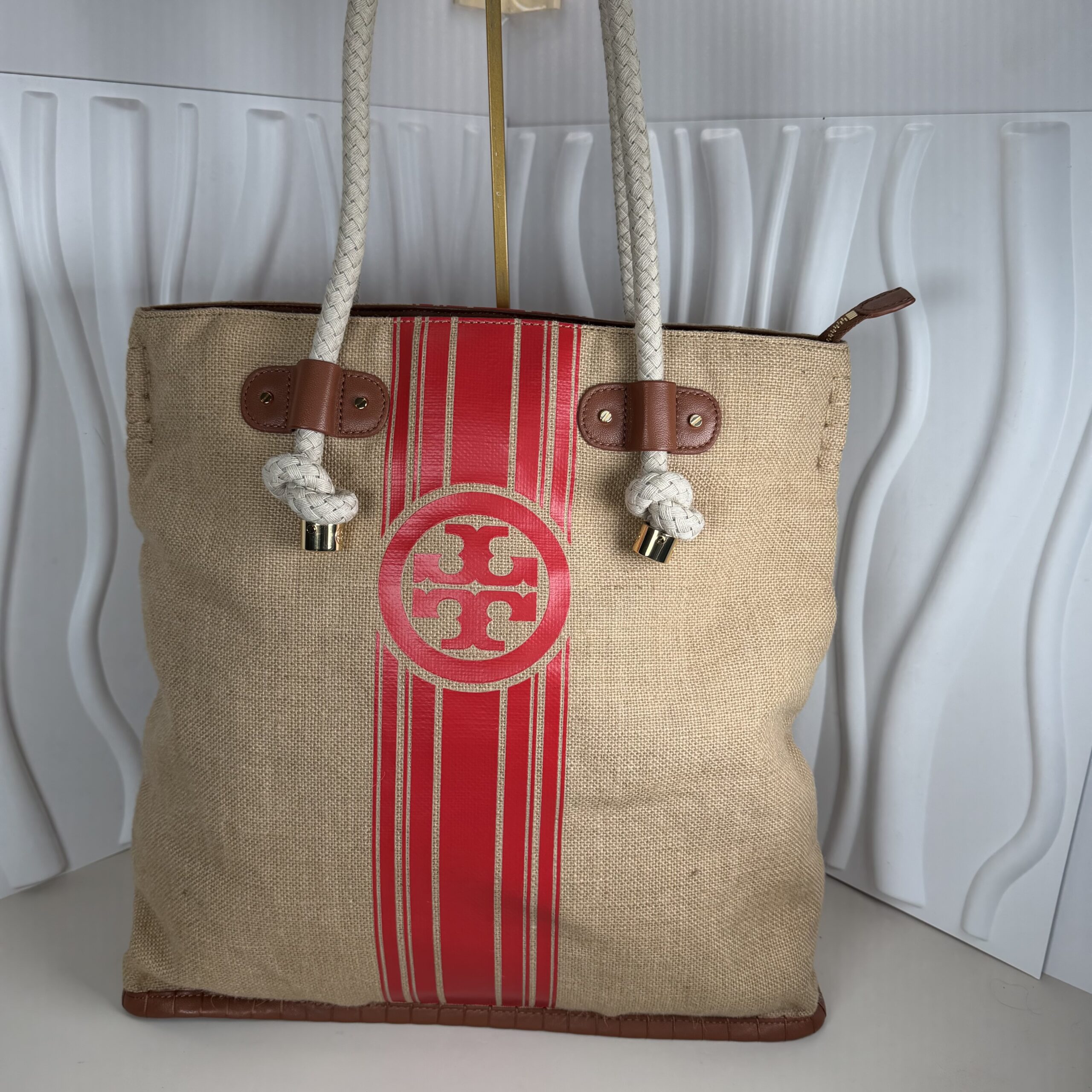 Tory Burch Burlap Leather Trim Large Shopper Tote Bag