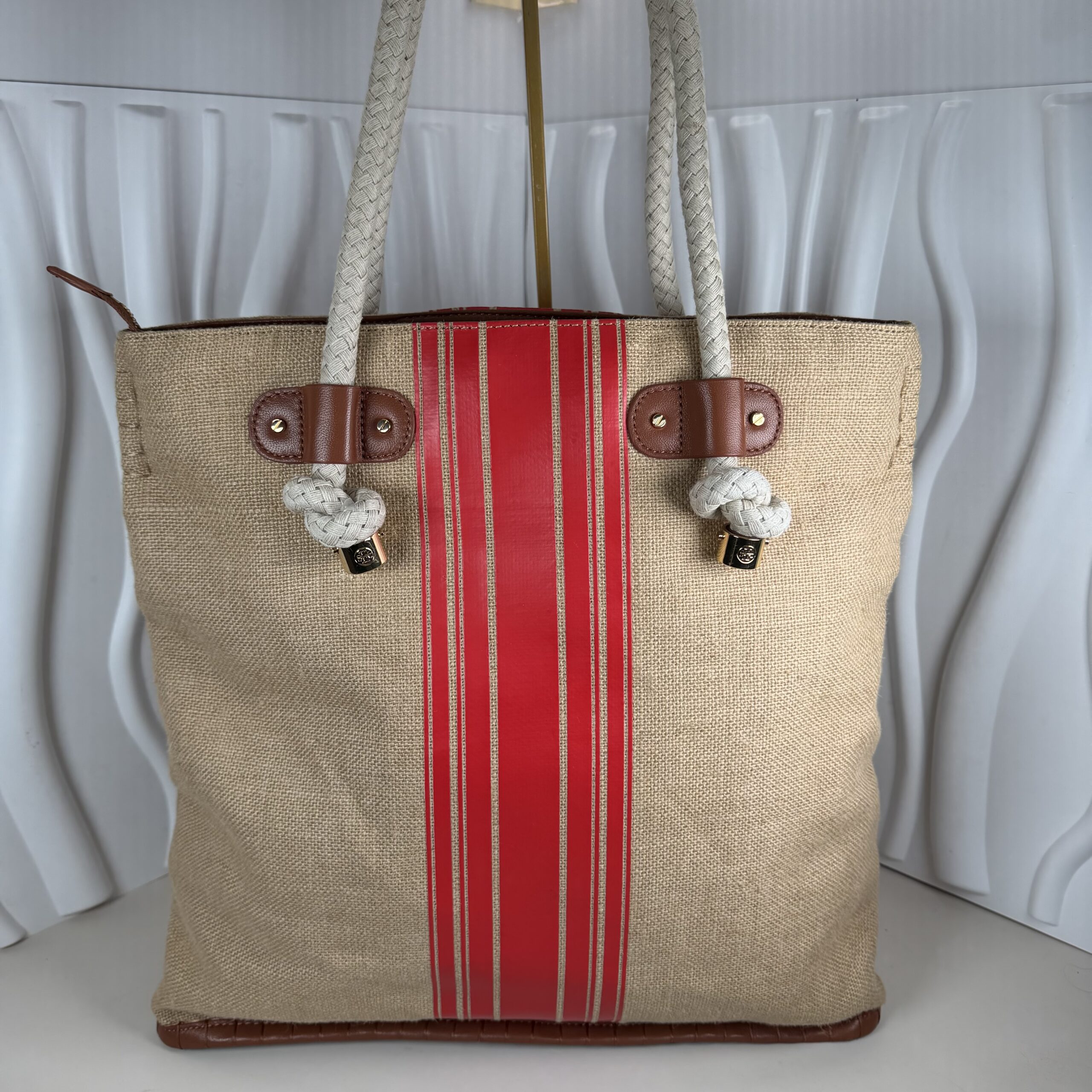 Tory Burch Burlap Leather Trim Large Shopper Tote Bag - Image 2
