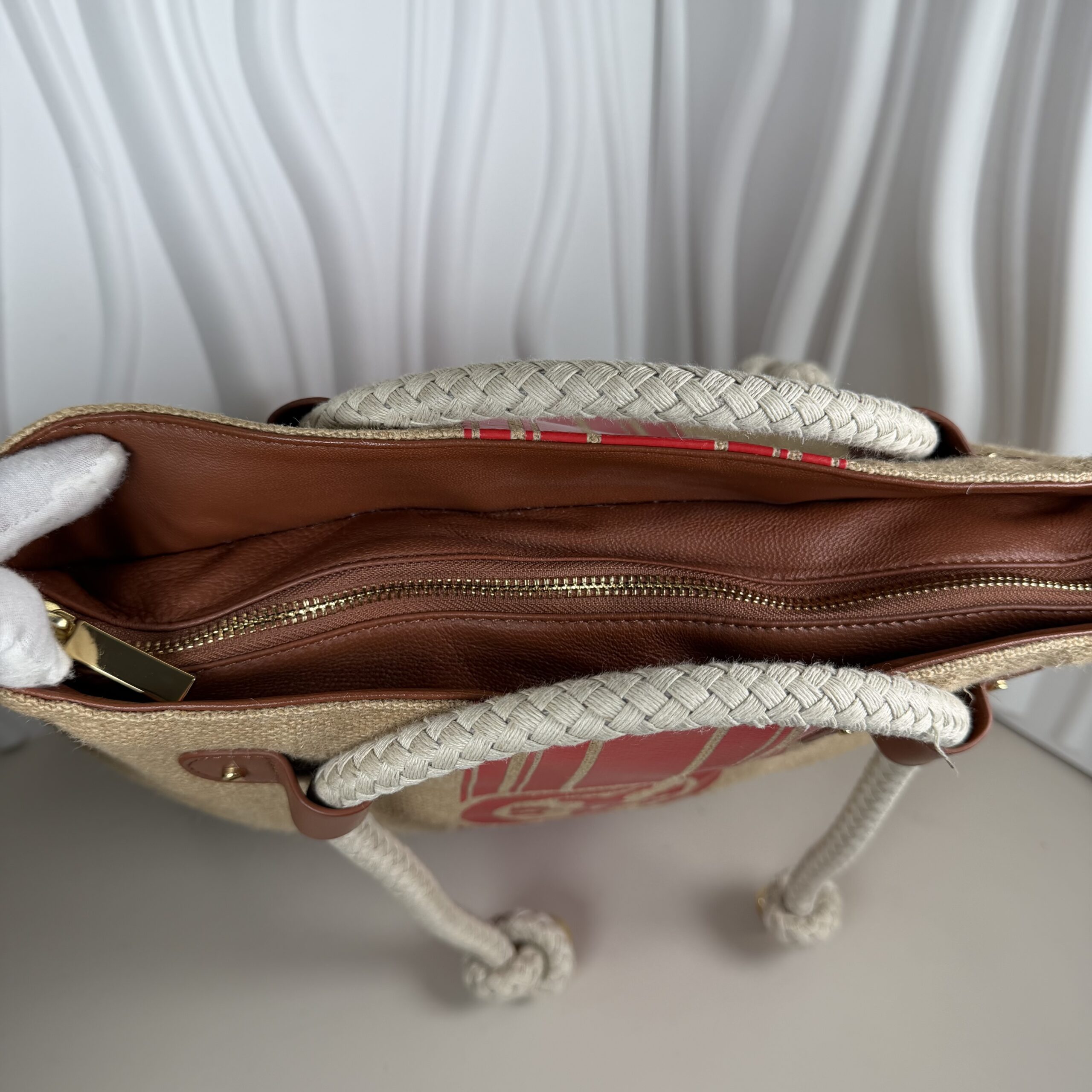 Tory Burch Burlap Leather Trim Large Shopper Tote Bag - Image 7
