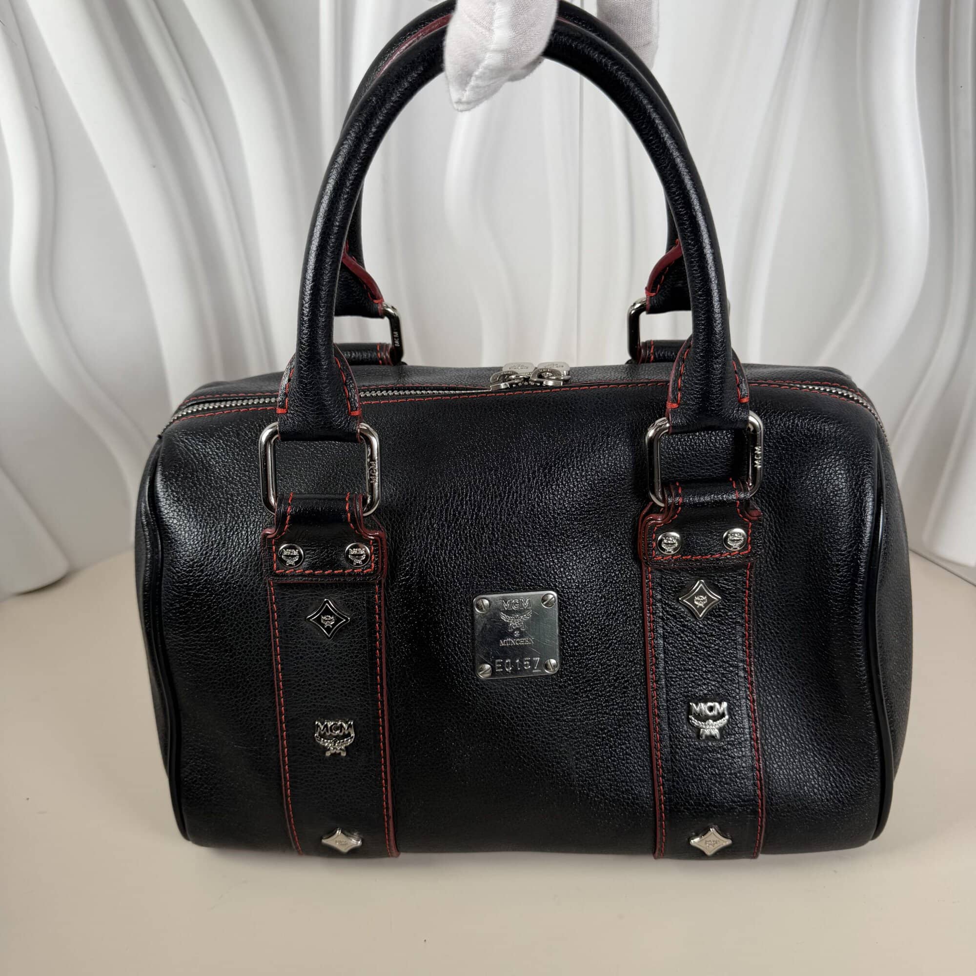 MCM Black Pebbled Leather Boston Bag
