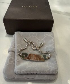 Gucci Sterling Silver Logo Plaque Ball Chain Bracelet