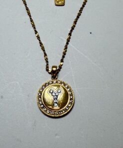 Yves Saint Laurent Vintage Rhinestone "Y" Logo Medallion Pendant Necklace - Gold-Tone