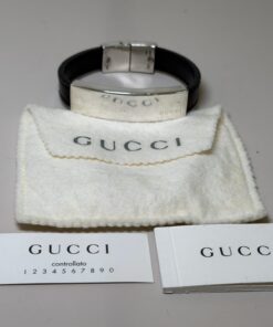 Gucci Vintage Sterling Silver & Black Leather ID Bangle Bracelet