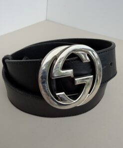 GUCCI Black Leather Interlocking G Buckle Wide Belt Silver-Tone Hardware size 85/34