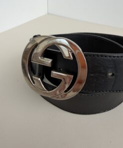 Alternative view of GUCCI Black Leather Interlocking G Buckle Wide Belt Silver-Tone Hardware size 85/34