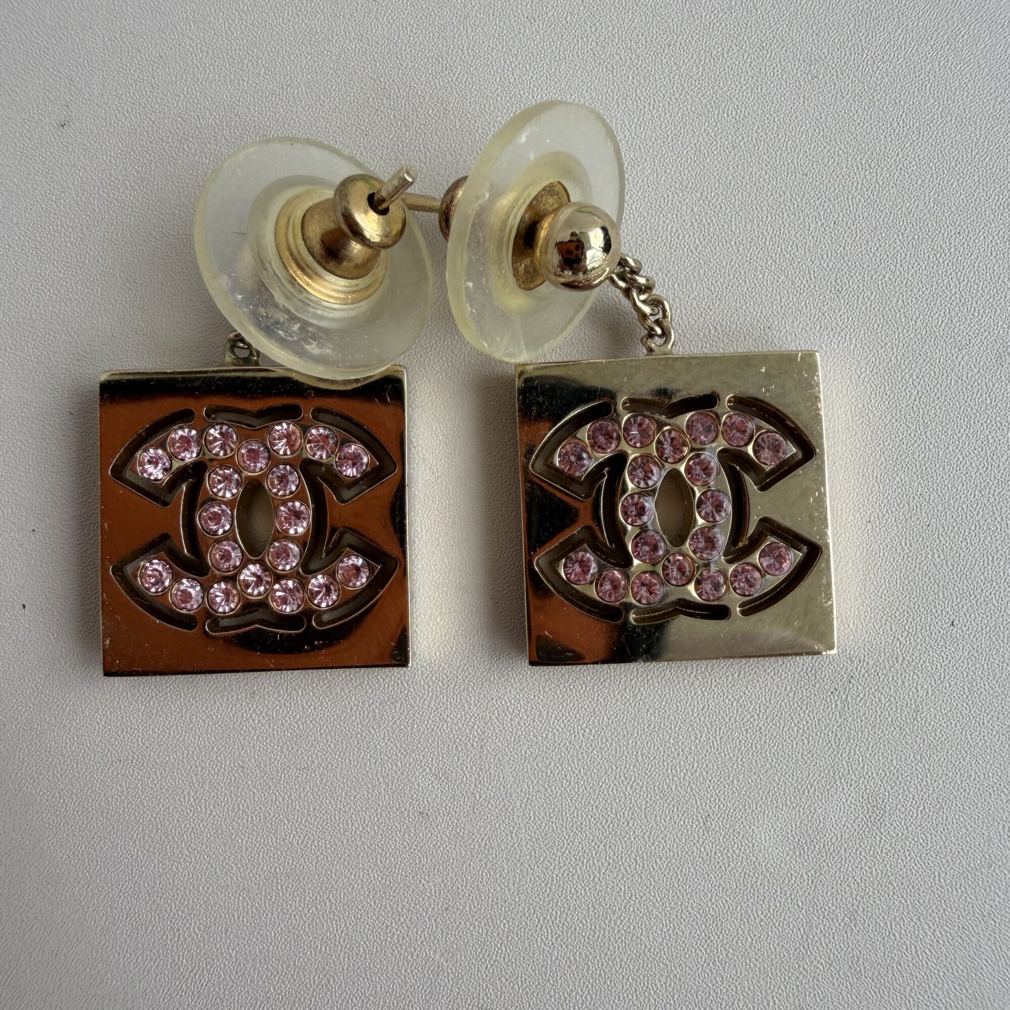 Chanel Vintage Coco Mark Pink Rhinestone Square Drop Earrings image 2