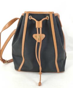 Yves Saint Laurent Black Textured Coated Canvas Drawstring Bucket Bag with Tan Leather Trim