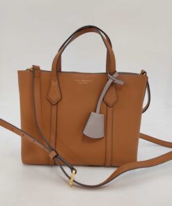 Tory Burch Small Perry Leather Triple-Compartment Tote Bag – Light Umber / Tan