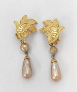 Yves Saint Laurent (YSL) Leaf-Motif Baroque Pearl Drop Clip-On Earrings.