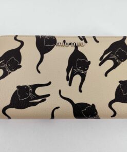 Miu Miu Madras Black Cat Print Beige Leather Zip Around Long Wallet