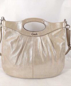 Coach Lexi Champagne Gold Metallic Leather Pleated Cutout Handle Hobo Bag 14079