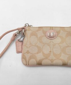Coach Vintage Khaki Signature Canvas Pink Leather Trim Small Zip Wristlet Pouch
