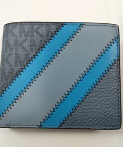 Michael Kors Cooper Grey Logo Stripe Stitched Pebbled Leather Billfold Wallet