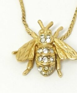 Christian Dior Pave Crystal Rhinestone Honey Bee Pendant Necklace Gold